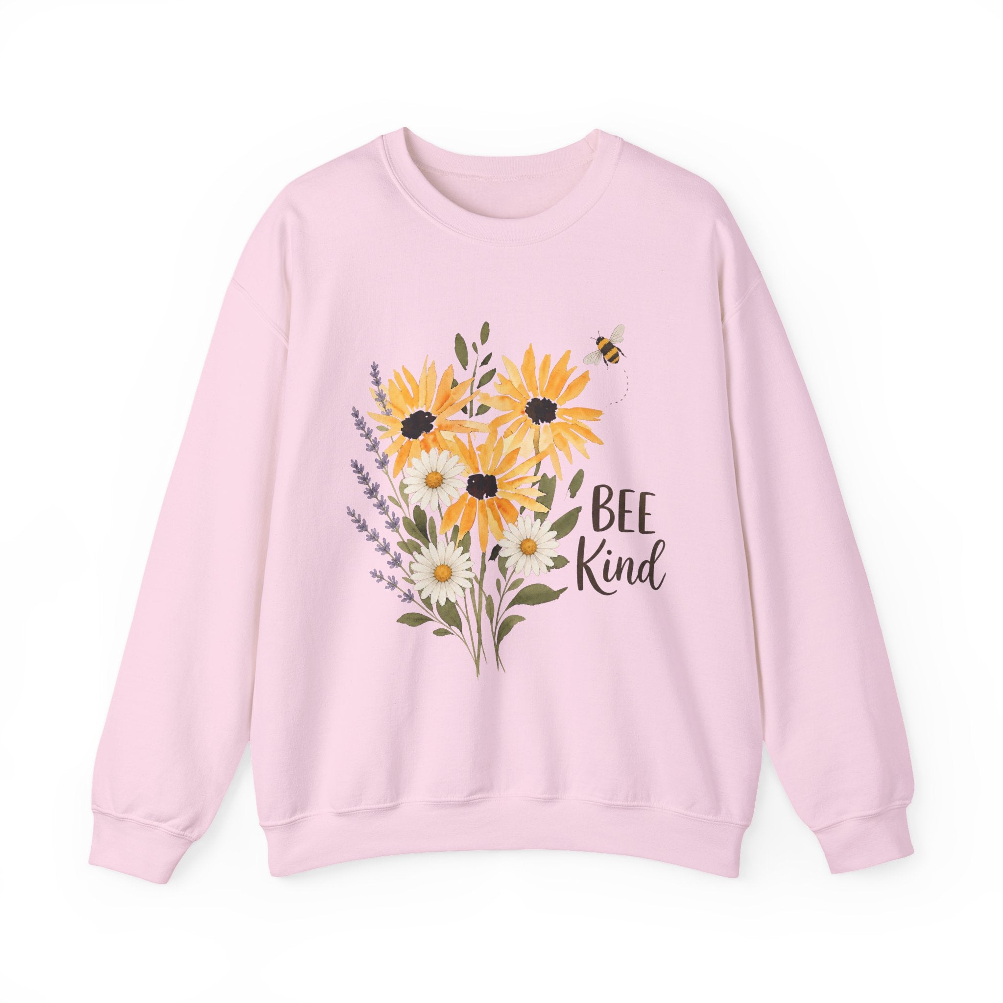 Light pink crewneck sweatshirt with sunflower bouquet graphic and 'Bee Kind' text