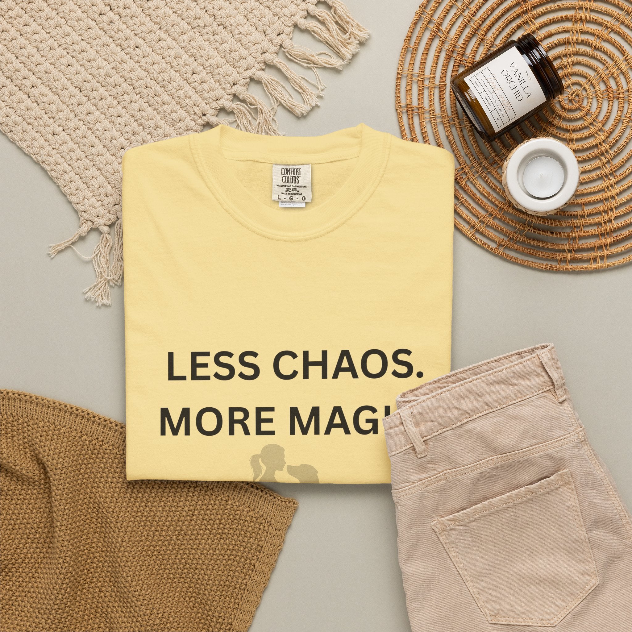 Less Chaos, More Magic T-Shirt — Woman + Dog Silhouette Graphic Tee