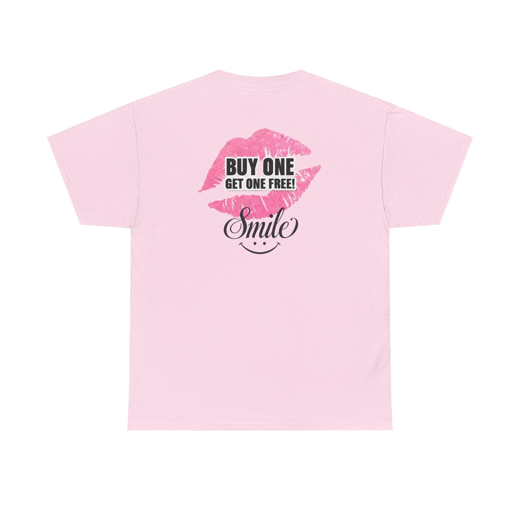 Light pink graphic t-shirt with back print “BUY ONE GET ONE FREE!” and “Smile”