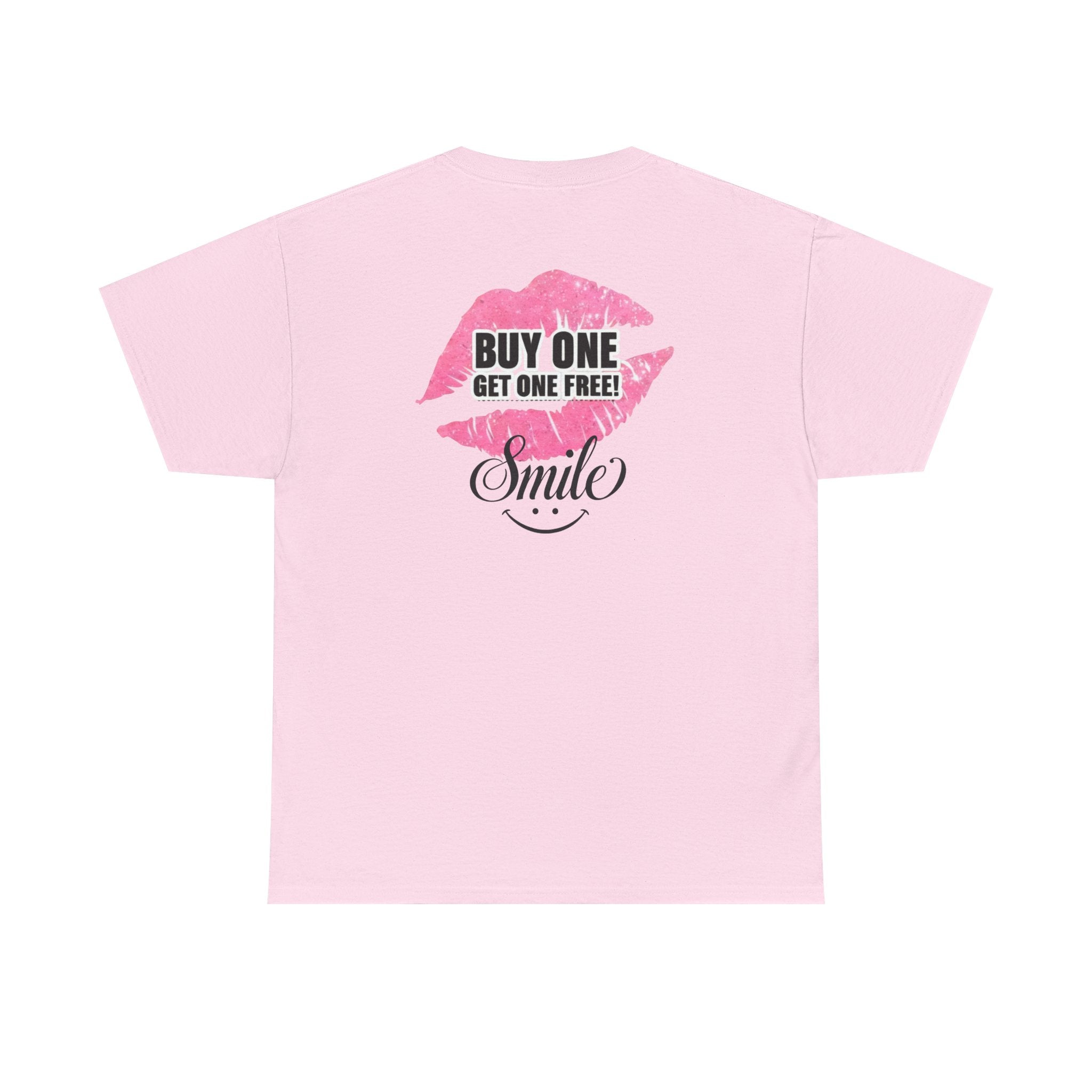 Light pink graphic t-shirt with back print “BUY ONE GET ONE FREE!” and “Smile”