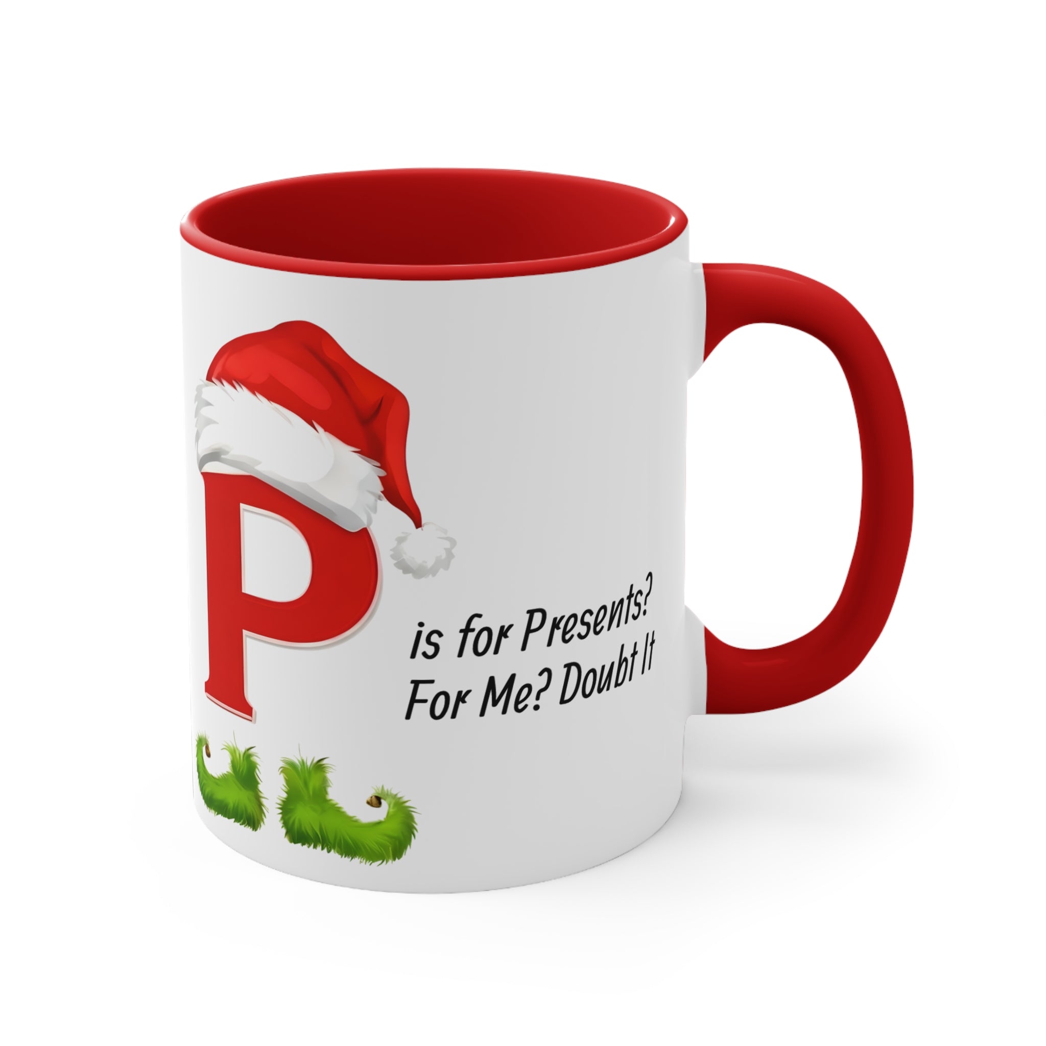 Coffee mug with letter P, green grass accent, 'For Me? Doubt It' text, red handle