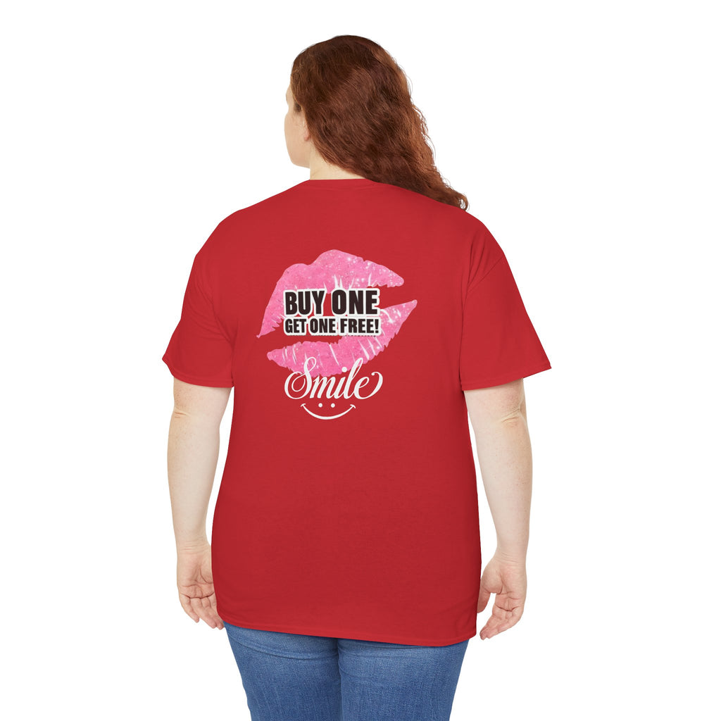 Smile Lip Print Tee — "Buy One Get One Free" Graphic T-Shirt Back Print