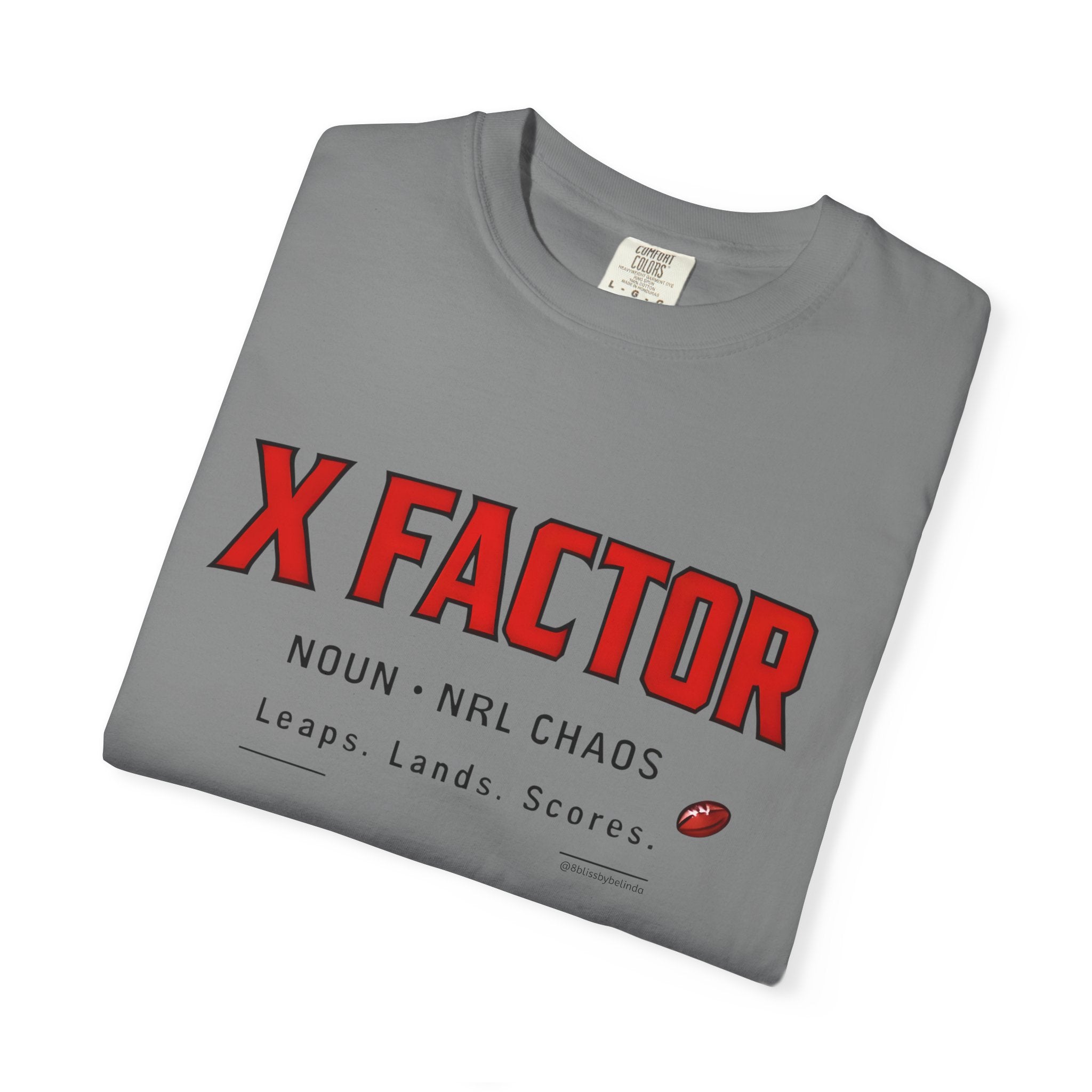 Dark grey graphic T-shirt front with red "X FACTOR" definition and small sport icons