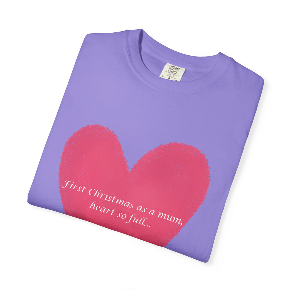 Lavender T-shirt with pink heart brushstroke graphic and cursive “First Christmas as a mum” text