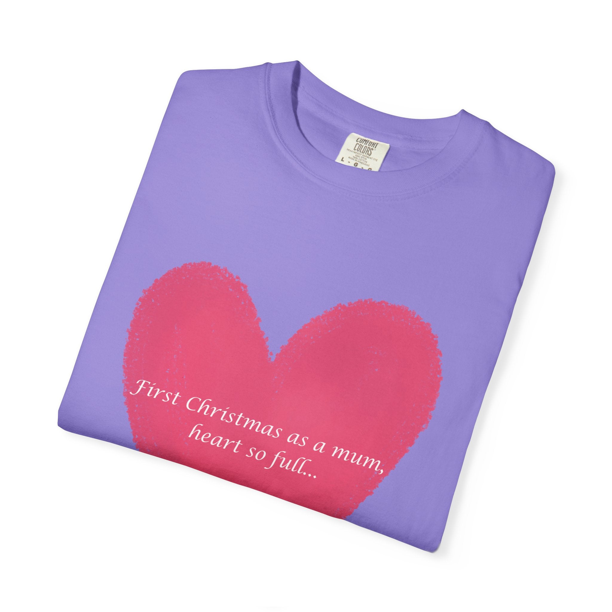 Lavender T-shirt with pink heart brushstroke graphic and cursive “First Christmas as a mum” text