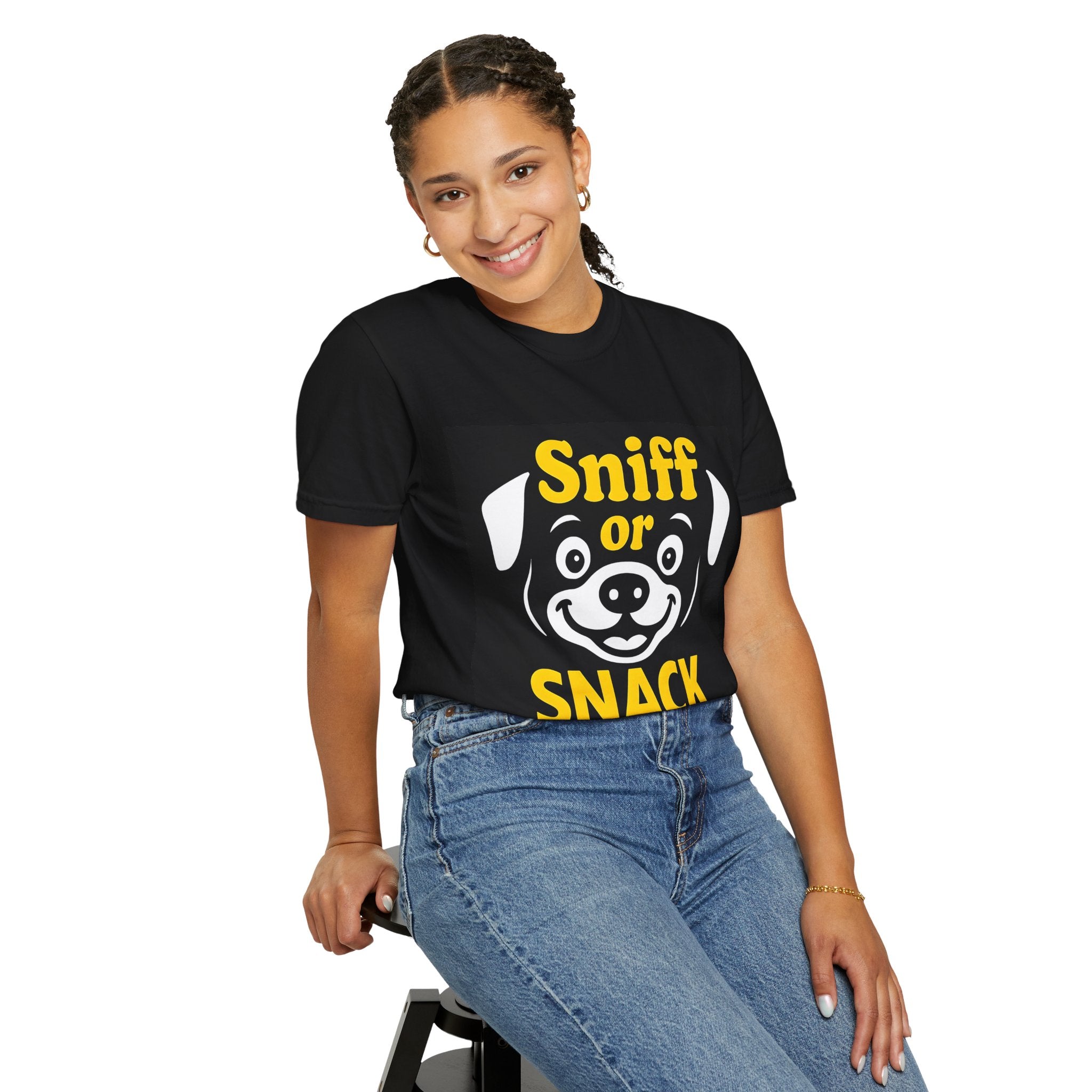 Sniff or Snack Dog Lover Unisex T-Shirt, Yellow text, Dog Apparel, Pet Owner Gift, Animal Lover Tee, Funny Canine Shirt