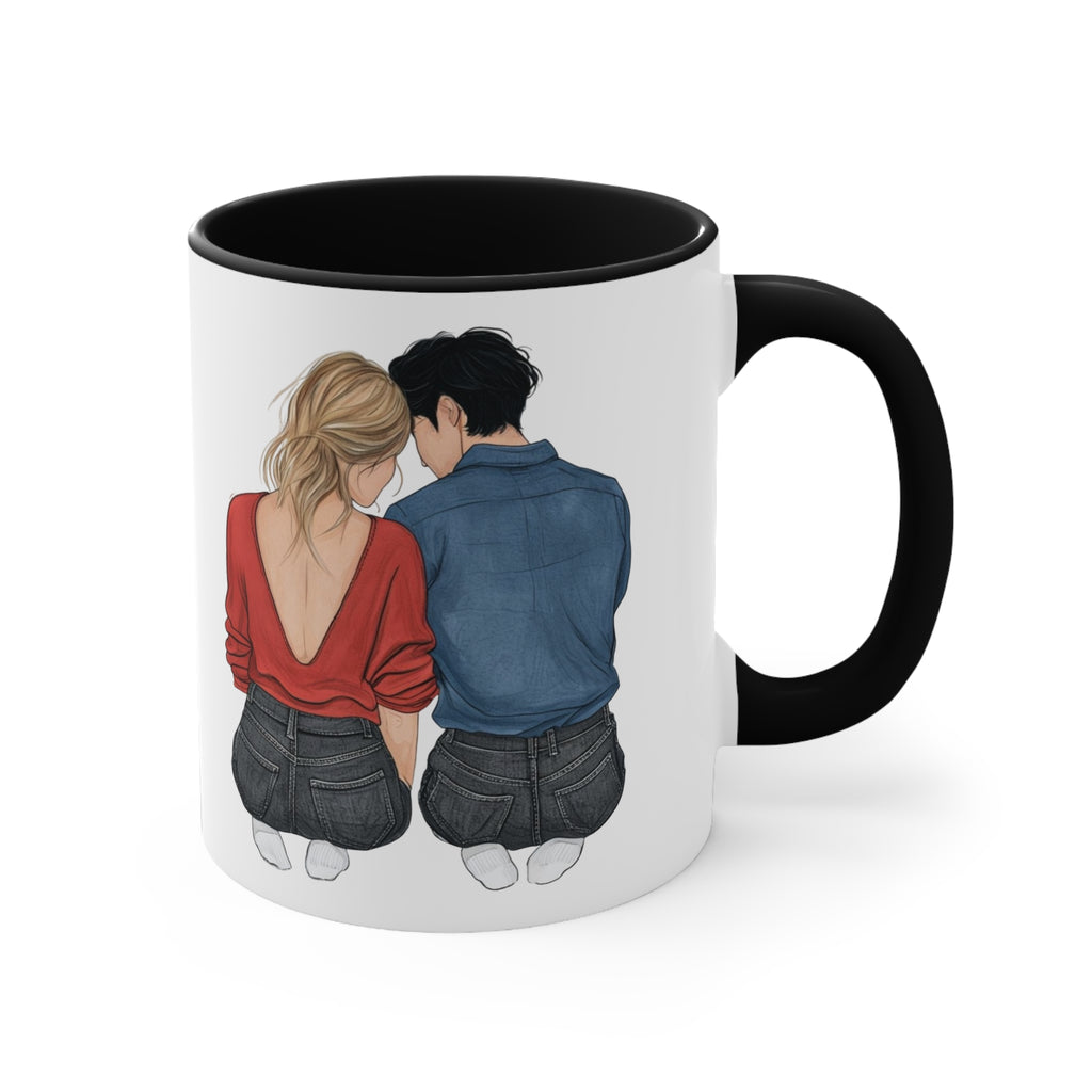 Black-accent white mug with couple sitting back-to-back; printed love design