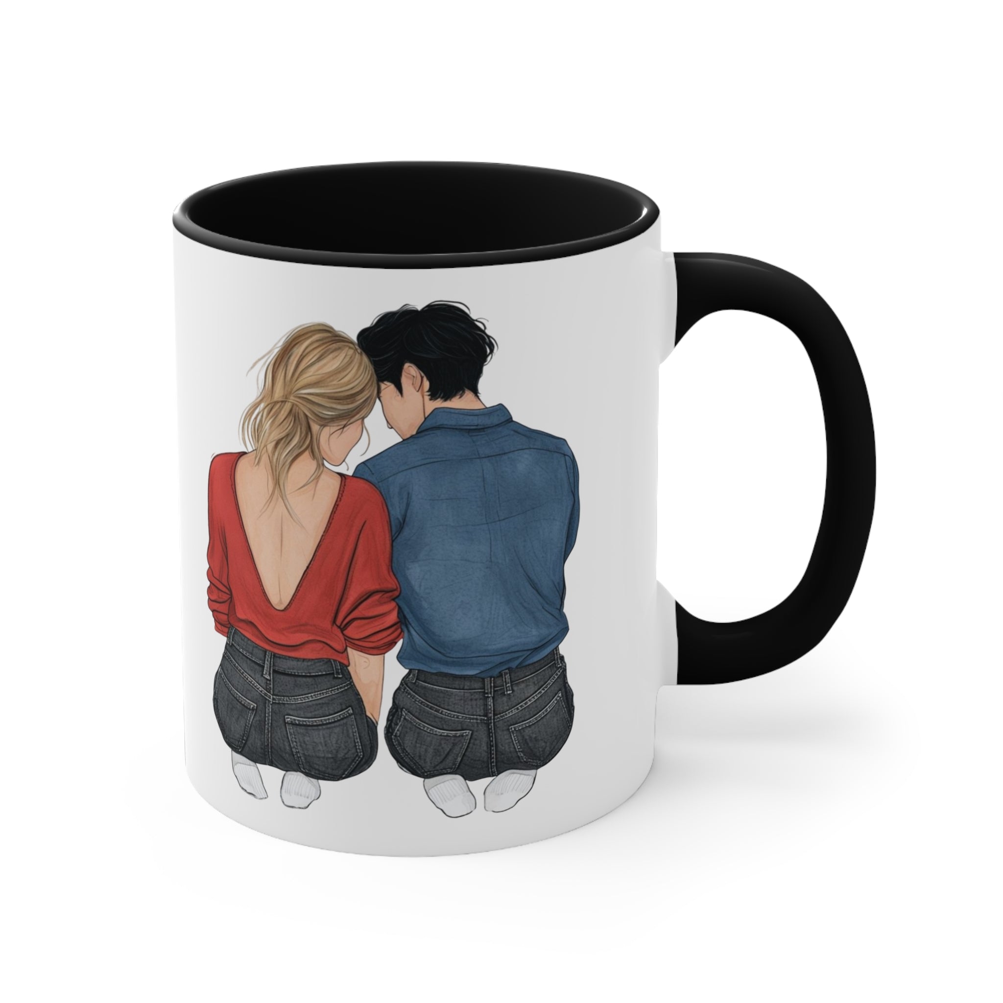 Black-accent white mug with couple sitting back-to-back; printed love design
