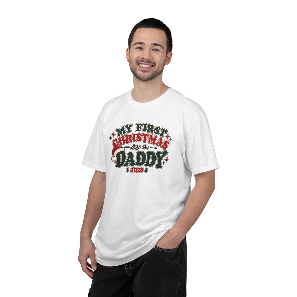 Men's white crewneck T-shirt with 'My First Christmas as a Daddy 2026' print