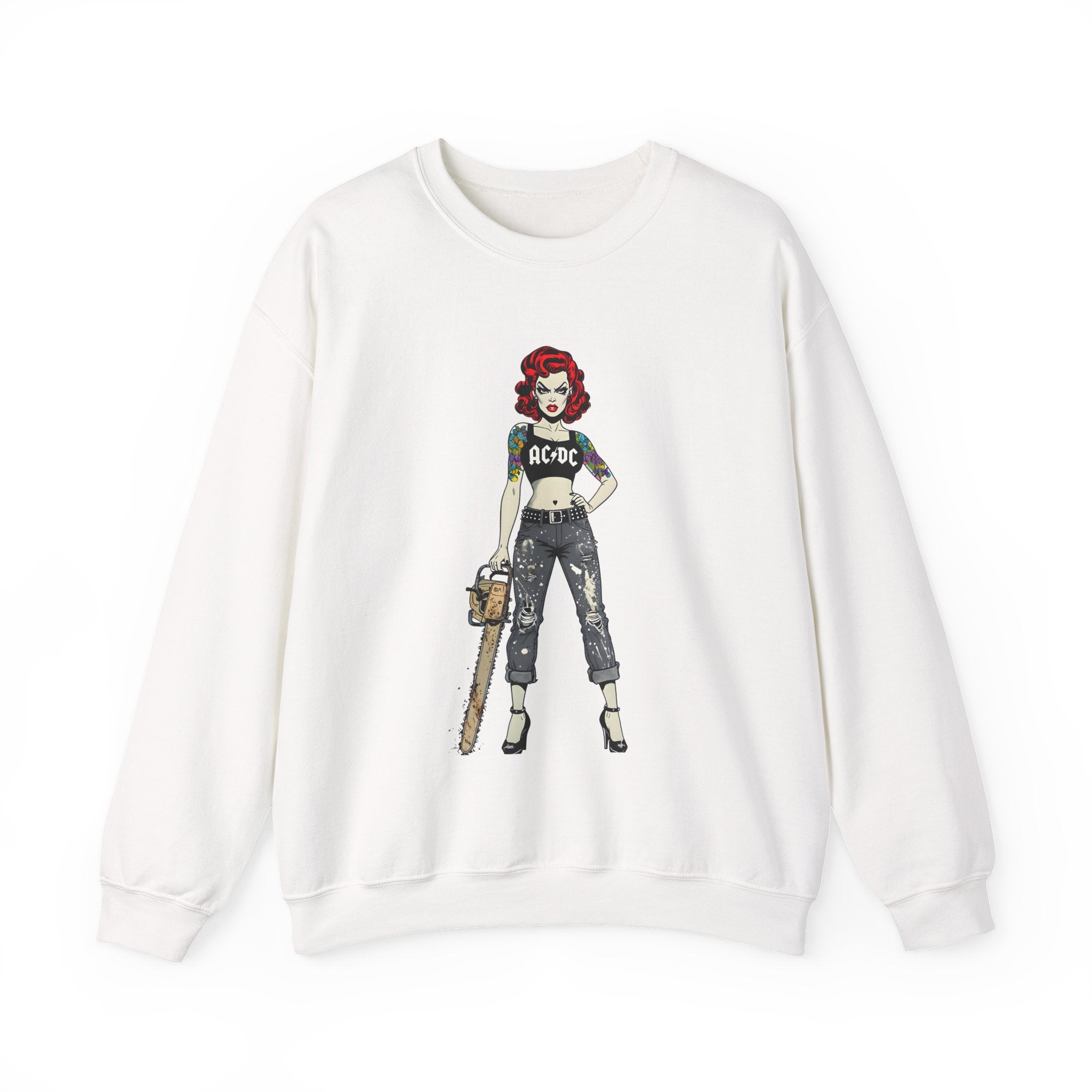 White sweatshirt with comic-style AC/DC rock girl graphic on the front