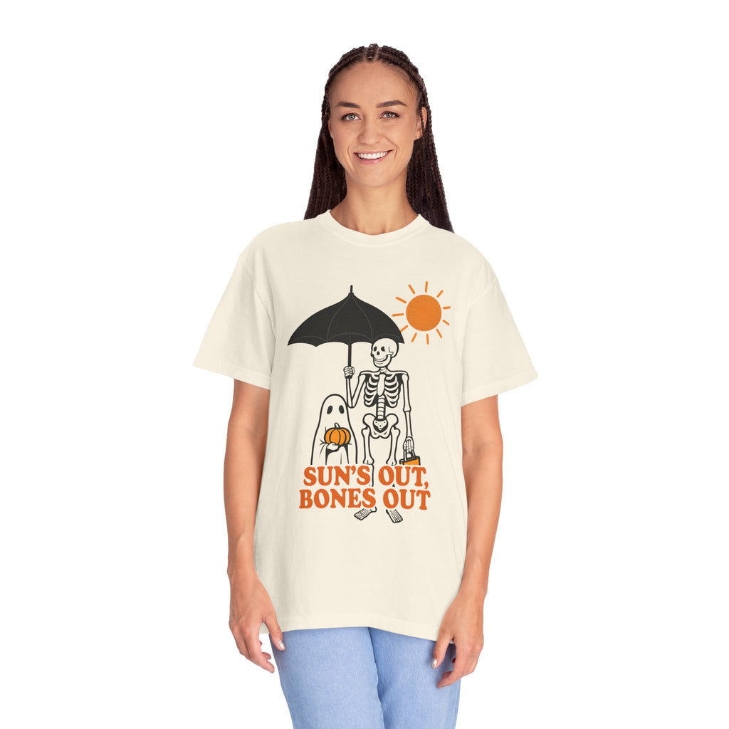 Ivory unisex skeleton graphic T-shirt with umbrella and sun, arms at sides