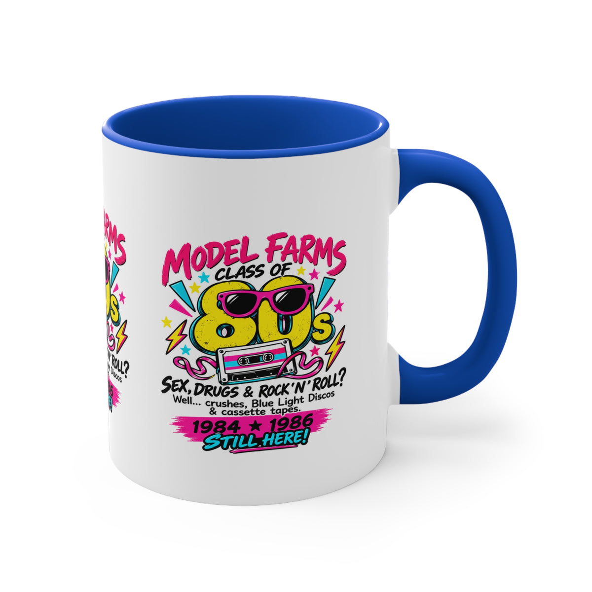 White ceramic mug with blue interior and handle, retro cassette graphic