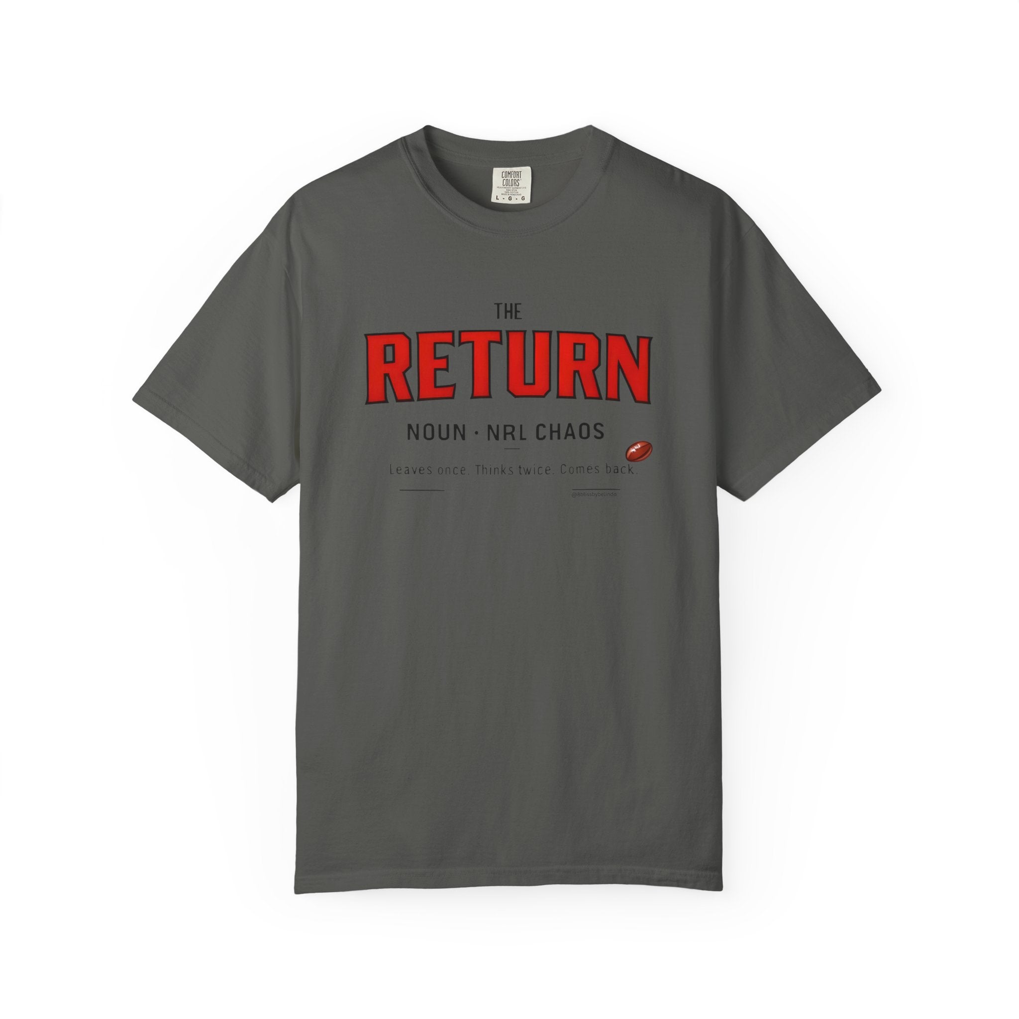 Dark grey crew-neck T-shirt with large red Return graphic and small definition text