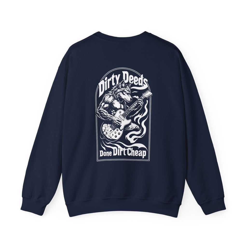 Navy crewneck sweatshirt, front graphic of wolf with electric guitar and flames, ribbed cuffs
