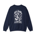 Navy crewneck sweatshirt, front graphic of wolf with electric guitar and flames, ribbed cuffs