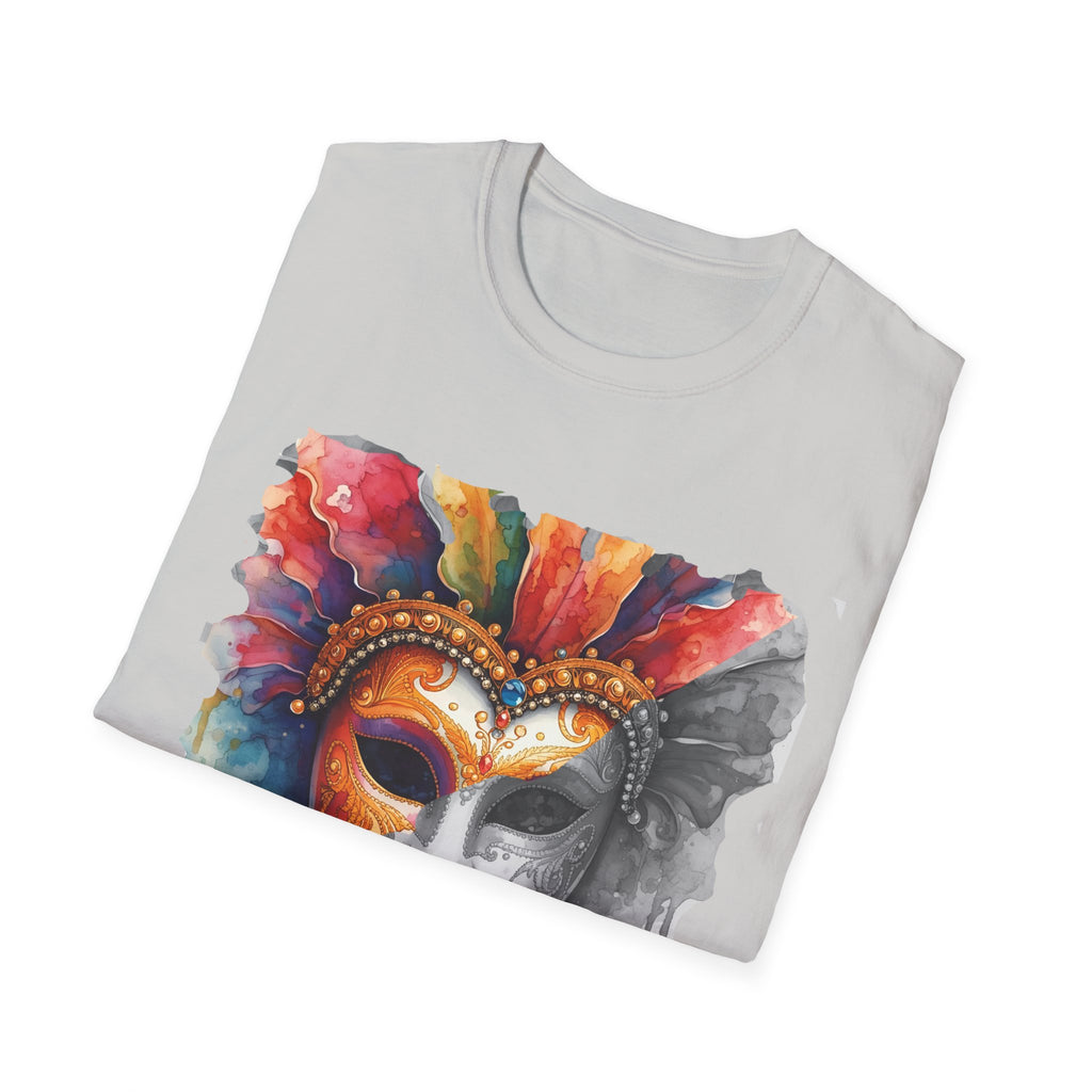 Light gray crewneck T-shirt with watercolor masquerade face mask print in rainbow and gray