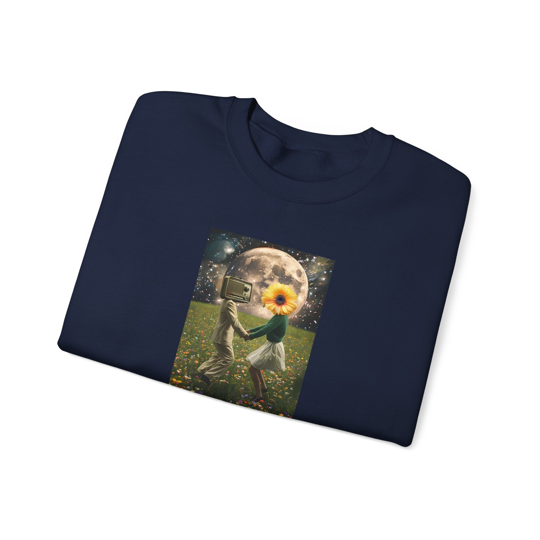 Navy crewneck sweatshirt with front graphic of astronaut holding flower and text DREAMS