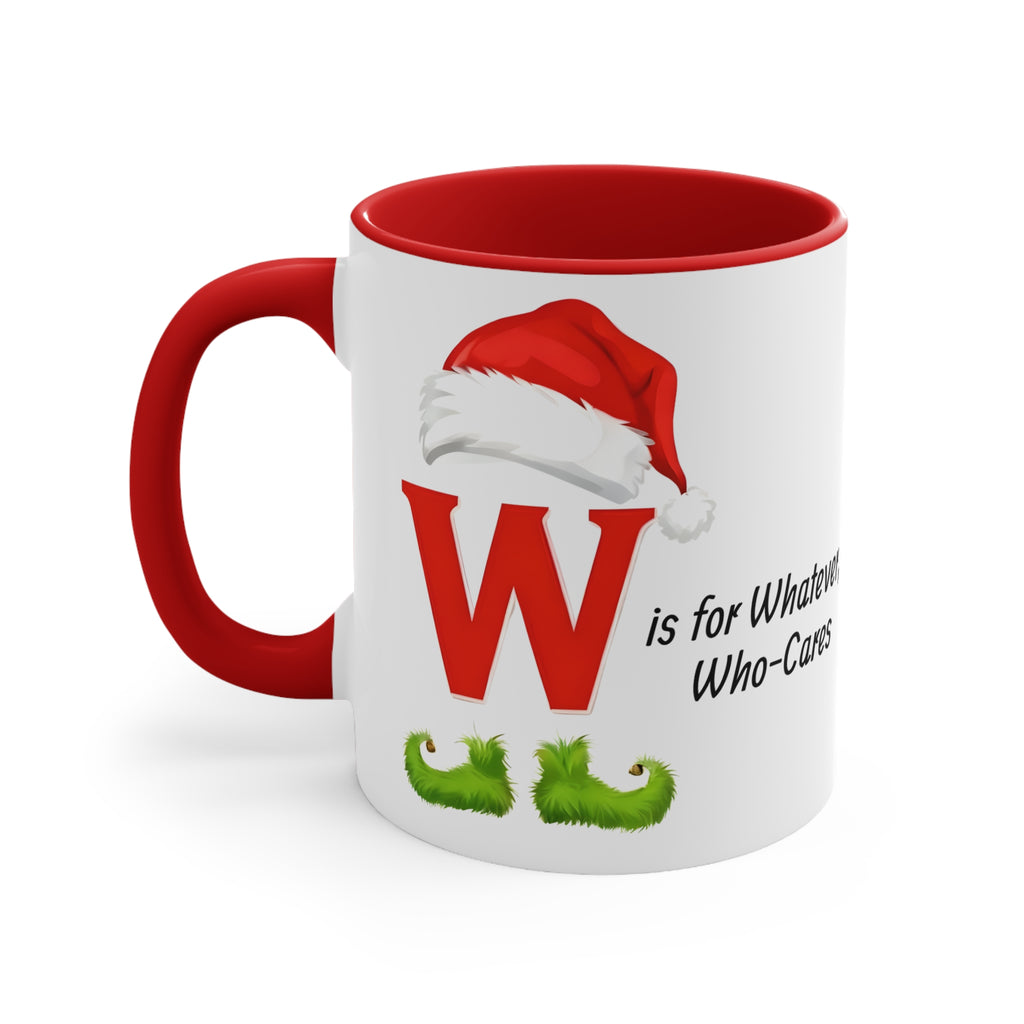 White Christmas mug with red handle, red letter W, Santa hat, 'Who-Cares' text