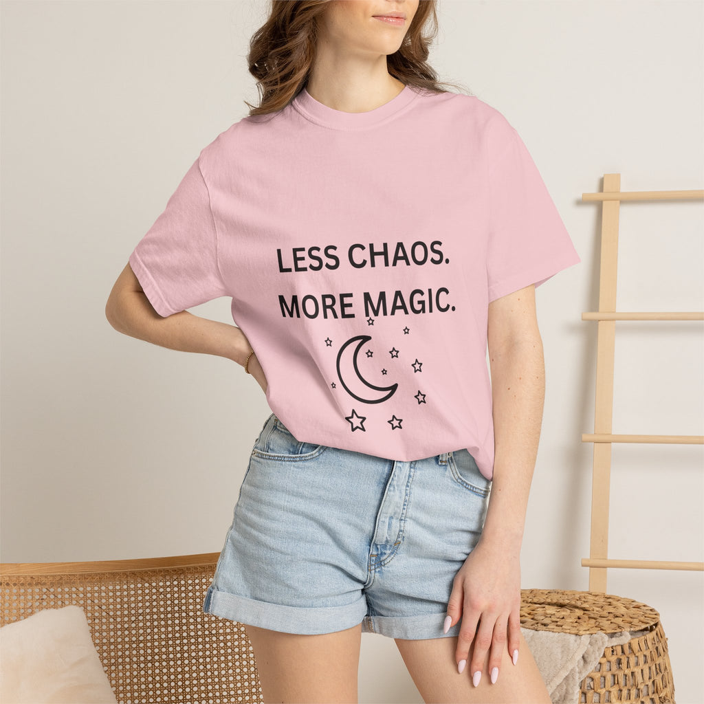Less Chaos, More Magic T-Shirt — Crescent Moon + Stars Graphic Tee