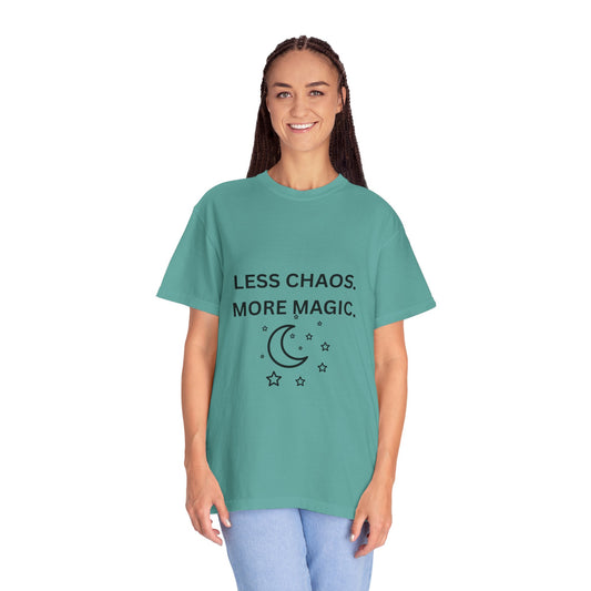 Less Chaos, More Magic T-Shirt — Crescent Moon + Stars Graphic Tee