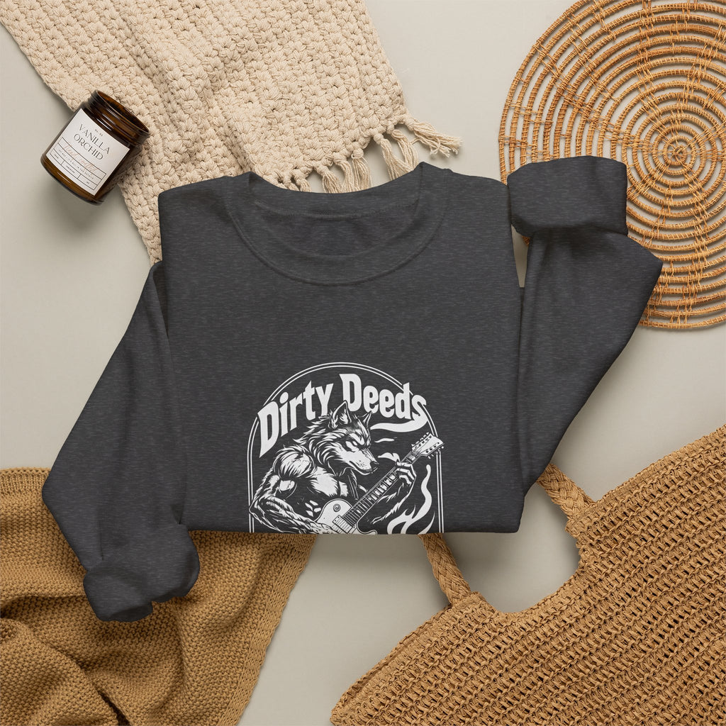 Crewneck Sweatshirt — 'Dirty Deeds Done Dirt Cheap' Retro Skull Graphic