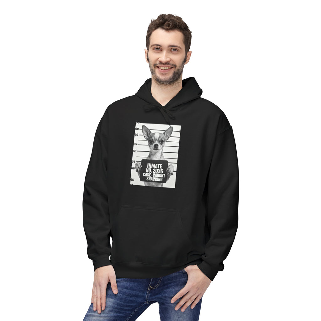 Black hoodie with front pocket and chihuahua mugshot graphic, 'INMATE 2026' text.