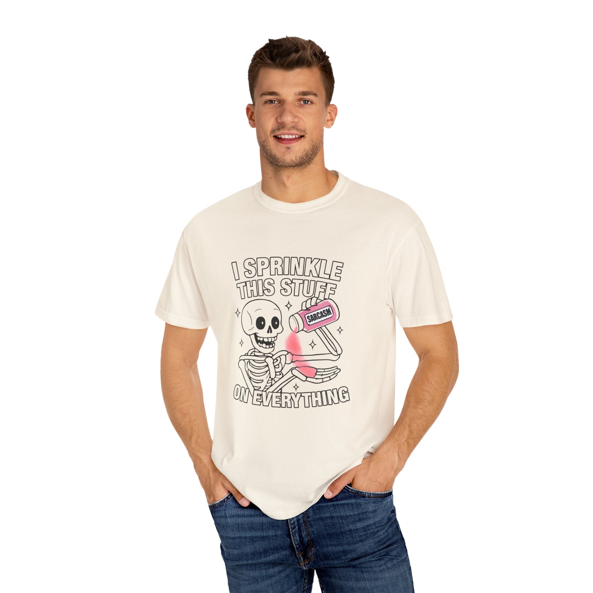 Ivory T-shirt on model, skeleton skull and pink sarcasm can slogan print