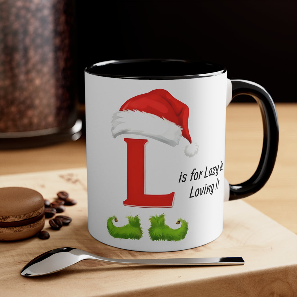Christmas letter L mug, white with black handle; red L with Santa hat and green beard.