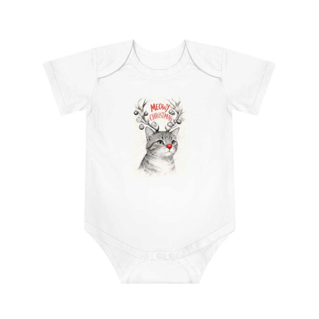 White short-sleeve baby bodysuit with front cat reindeer holiday print