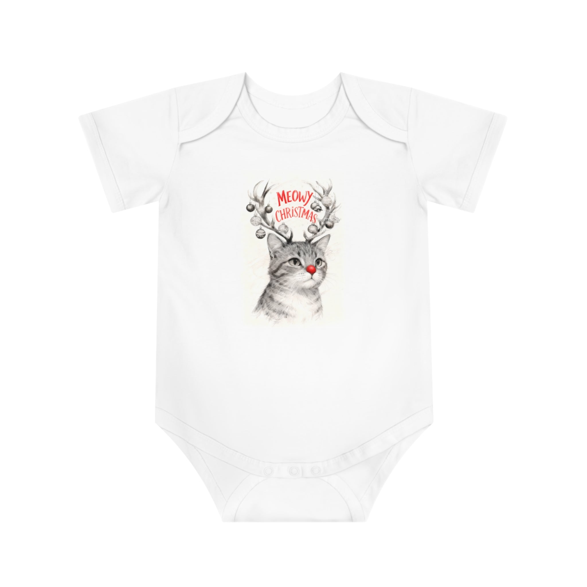 White short-sleeve baby bodysuit with front cat reindeer holiday print