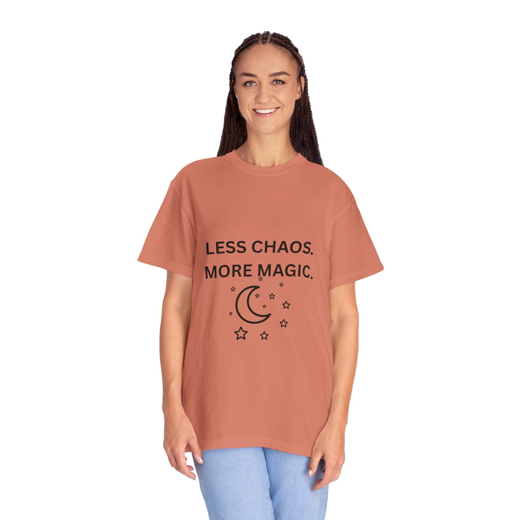 Less Chaos, More Magic T-Shirt — Crescent Moon + Stars Graphic Tee