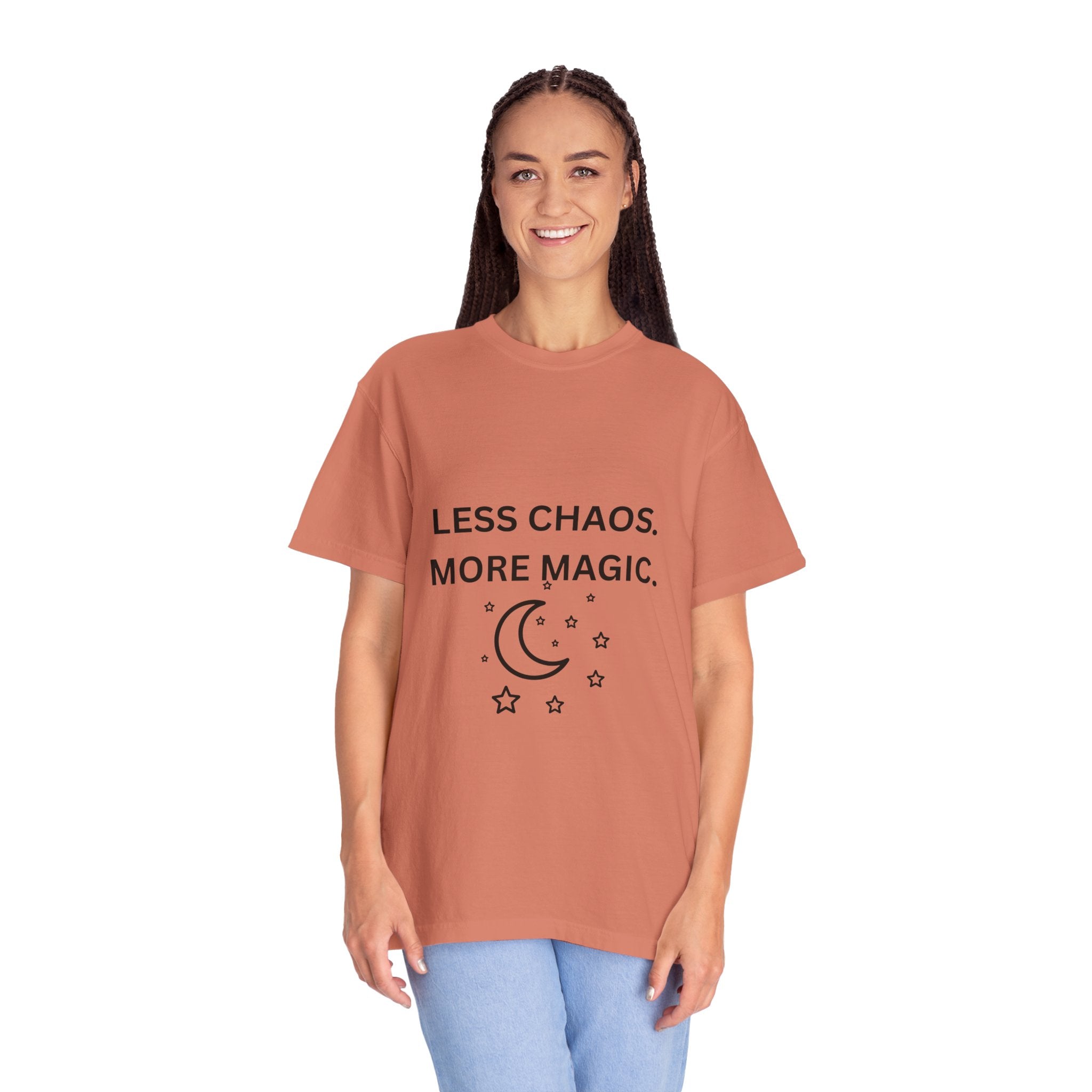 Less Chaos, More Magic T-Shirt — Crescent Moon + Stars Graphic Tee
