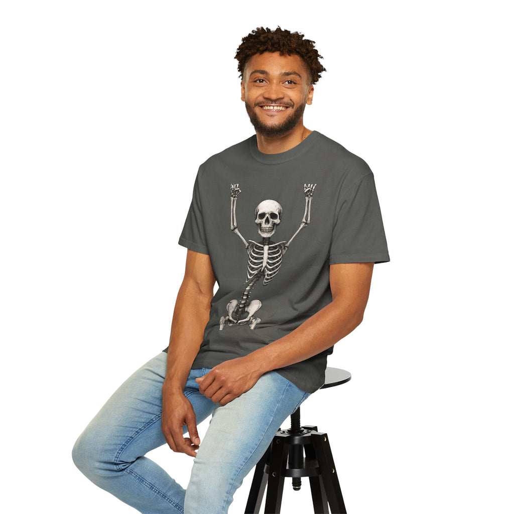 Dark gray unisex skeleton graphic T-shirt, skull and raised-bone arms on chest