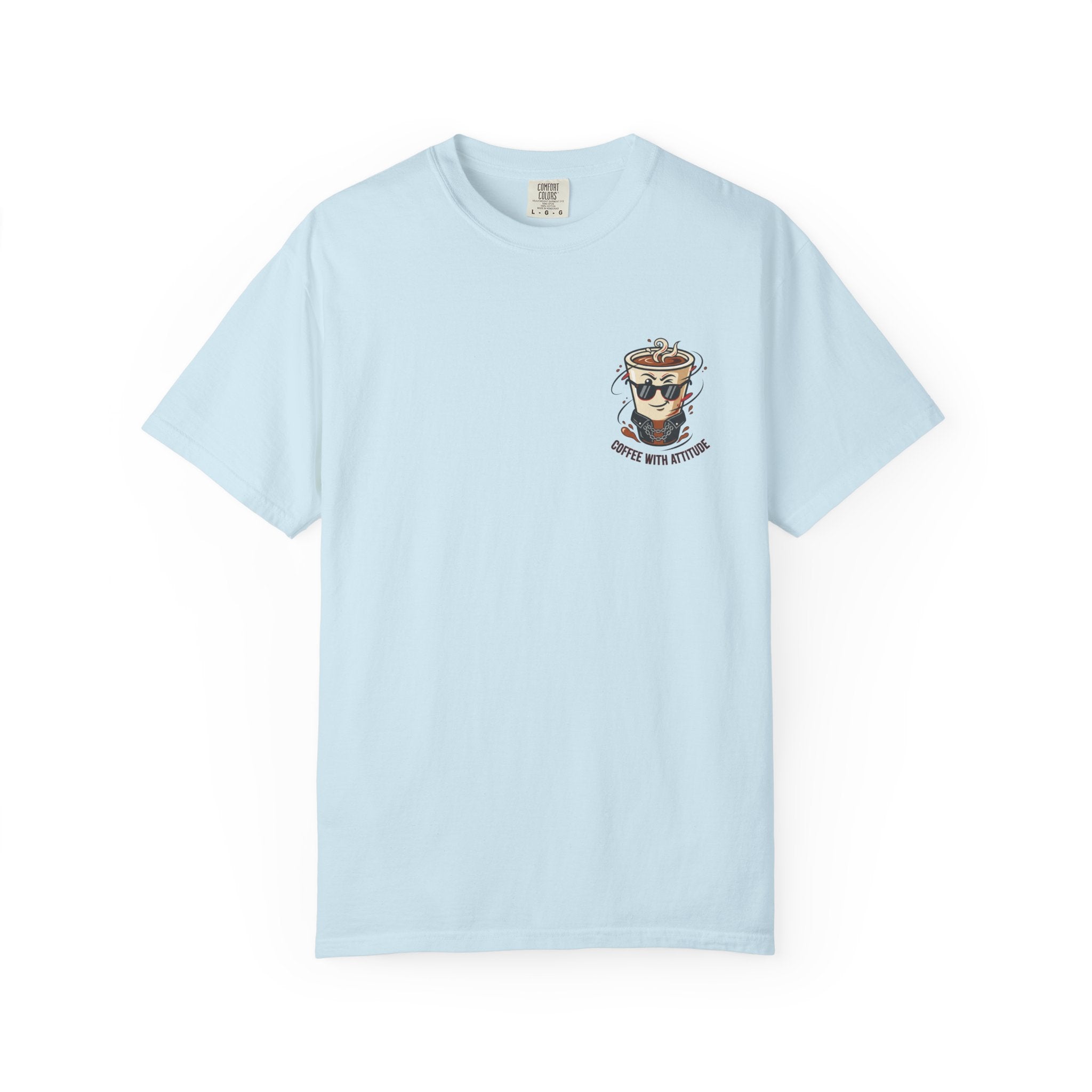 Mum T-shirt, light blue crewneck with coffee attitude graphic on chest
