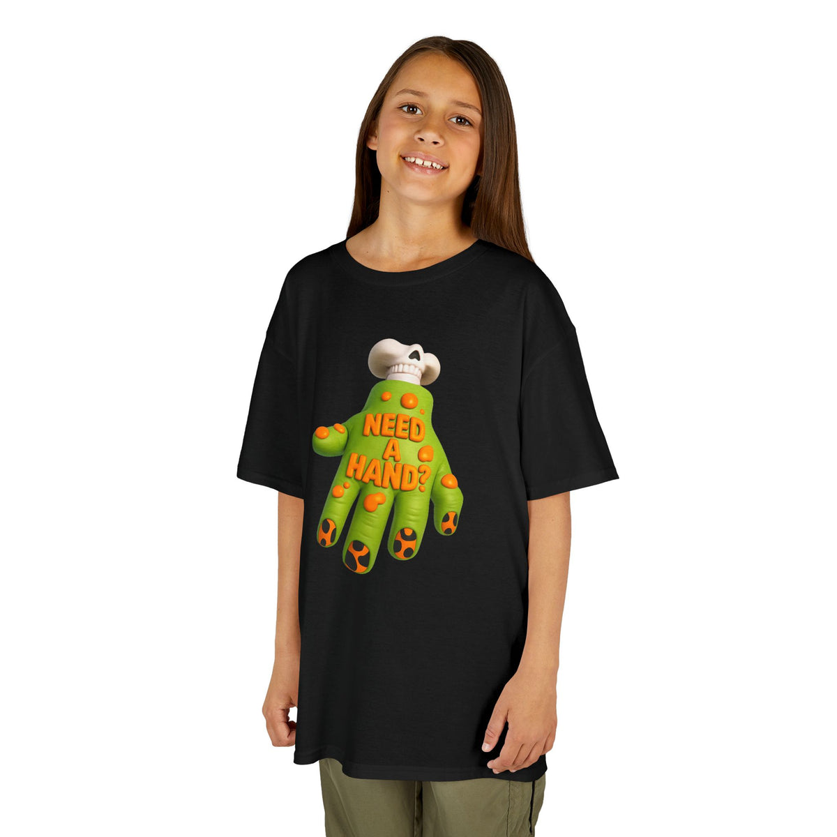 Kids black T-shirt with green cartoon hand graphic and “NEED A HAND” text