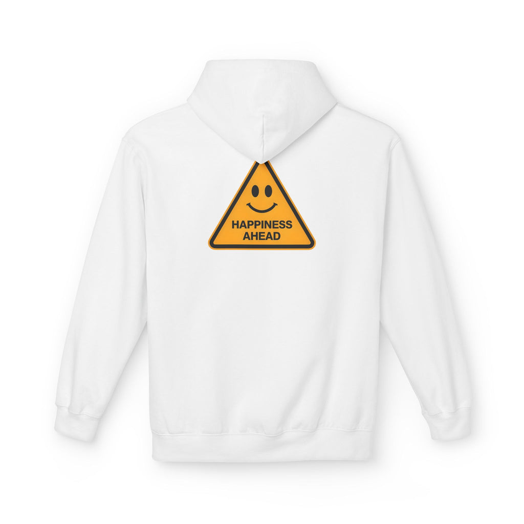 White unisex hoodie with rear triangle 'Happiness Ahead' graphic