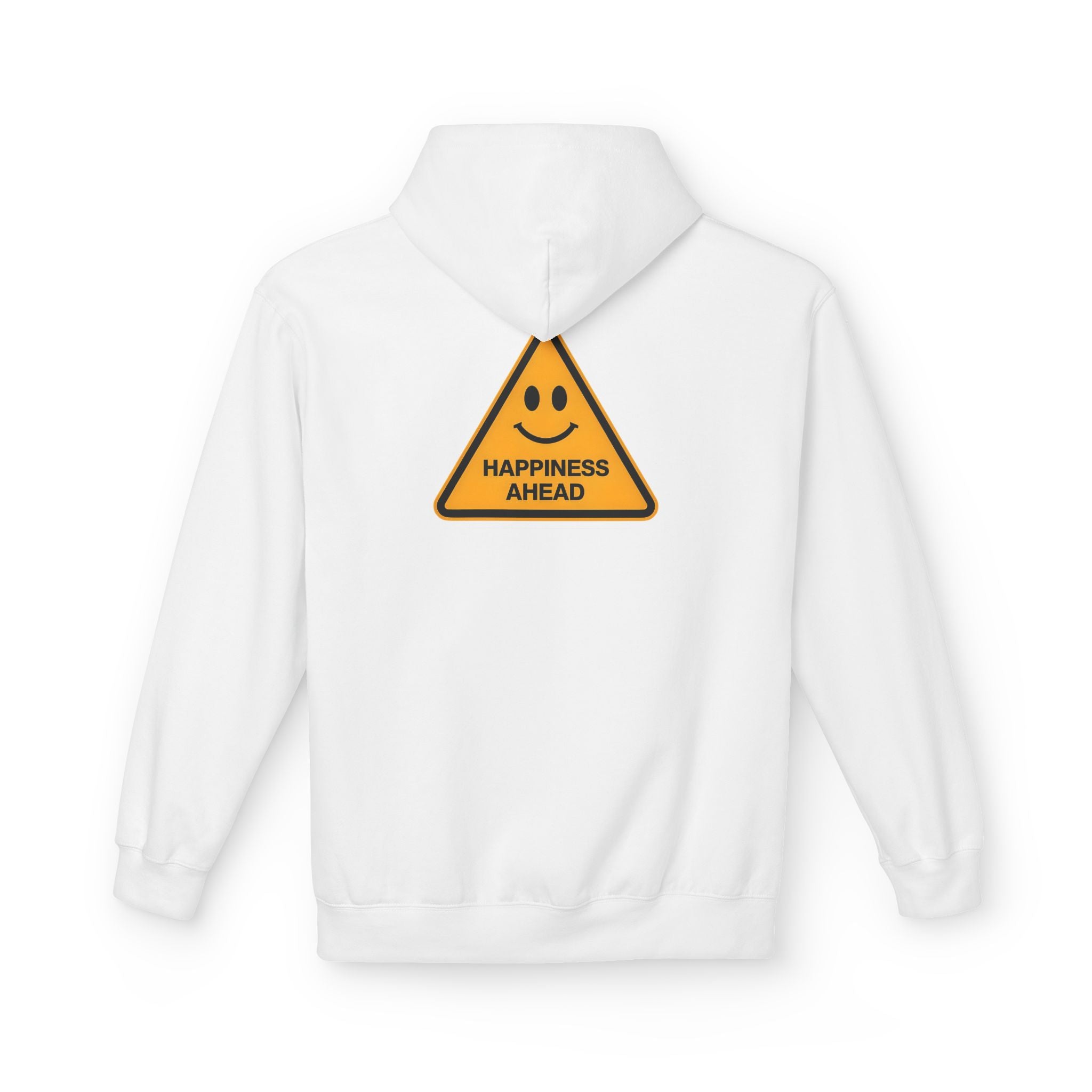 White unisex hoodie with rear triangle 'Happiness Ahead' graphic