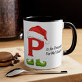 Coffee mug with Santa hat letter P, 'is for Presents' text, black handle and rim