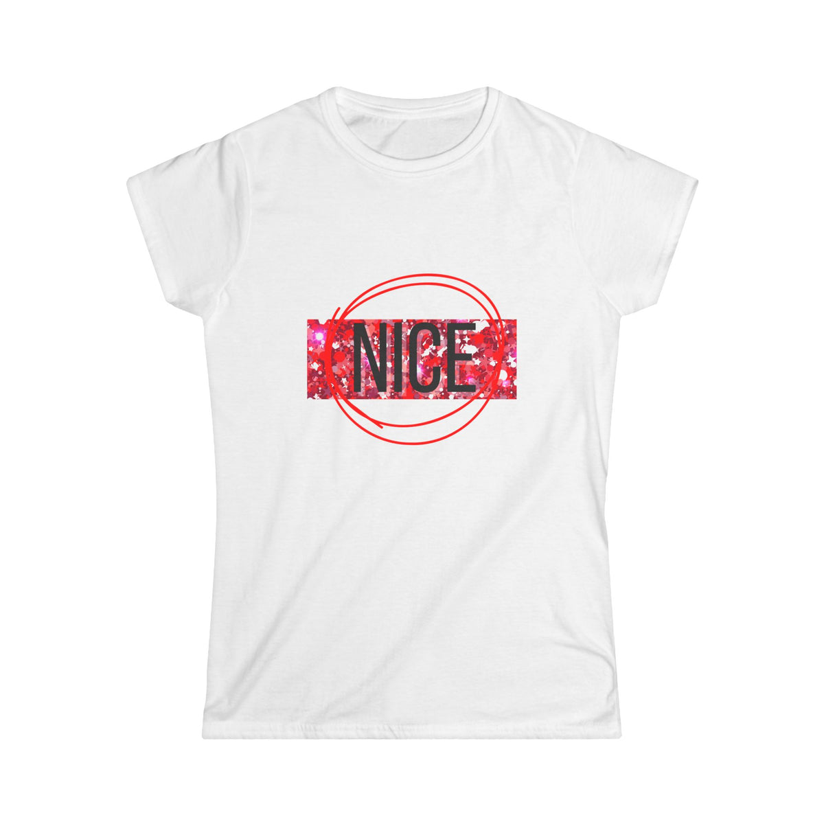 Women’s graphic tee, white, “NICE” front print with red circle
