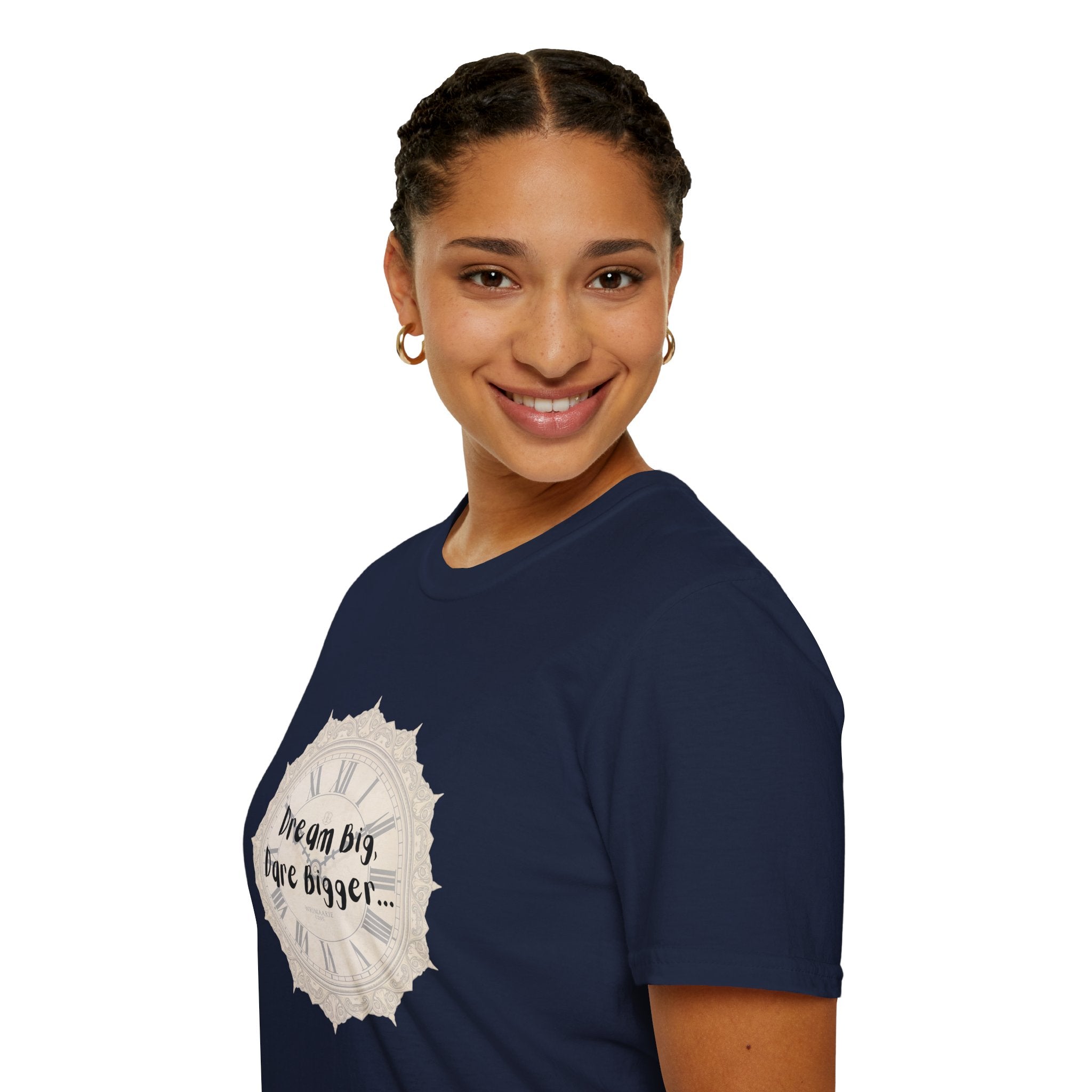 Navy crew-neck T-shirt worn on model with front clock graphic and “Dream Big, Dare Bigger…”