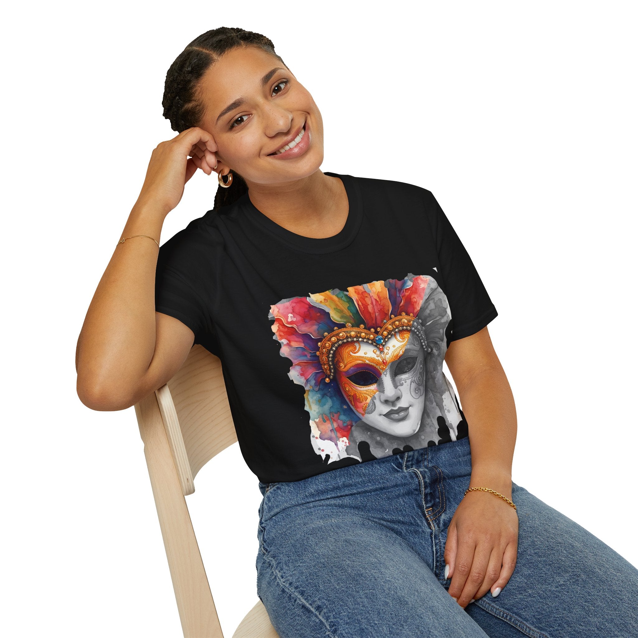 Black T-shirt with watercolor masquerade mask face graphic, side view