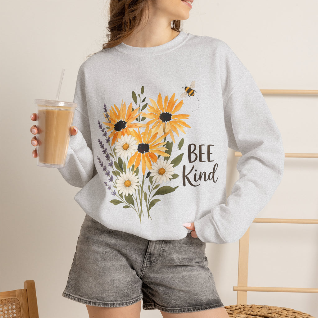 Gray crewneck sweatshirt with sunflower bouquet art, bee, and 'Bee Kind' text.
