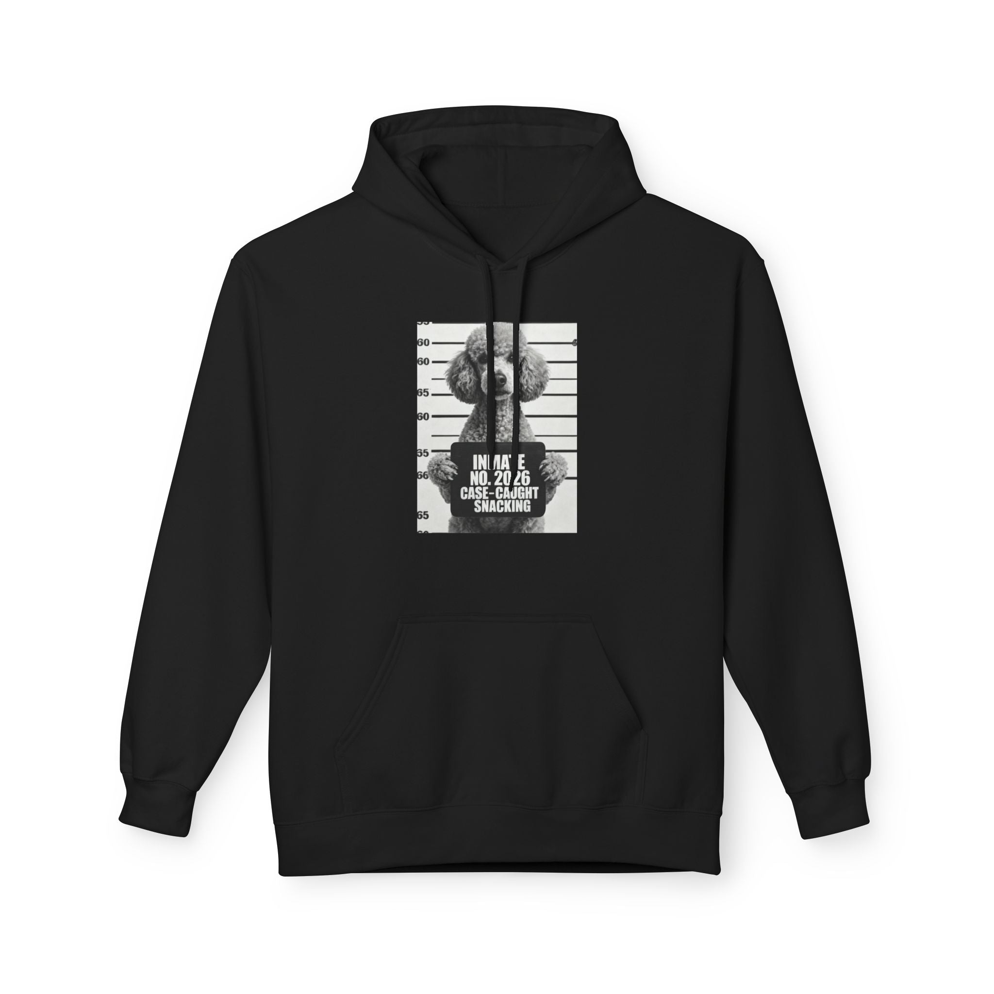 Black pullover hoodie with front pocket and poodle mugshot graphic on chest