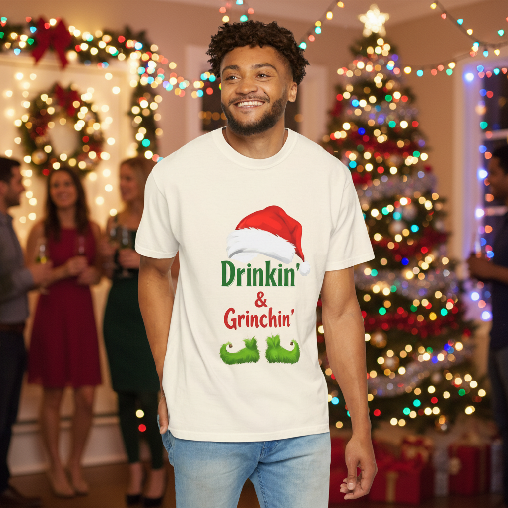 White T-shirt with red hat and green graphic text “Drinkin’ & Grinchin’”