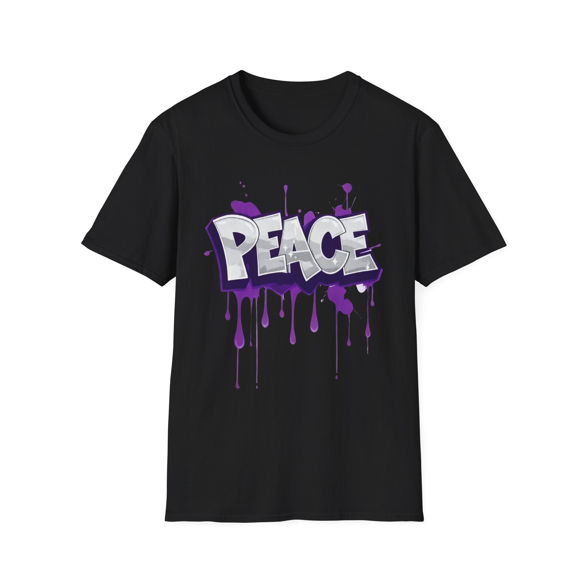 Black crewneck t-shirt with purple PEACE paint-drip graphic