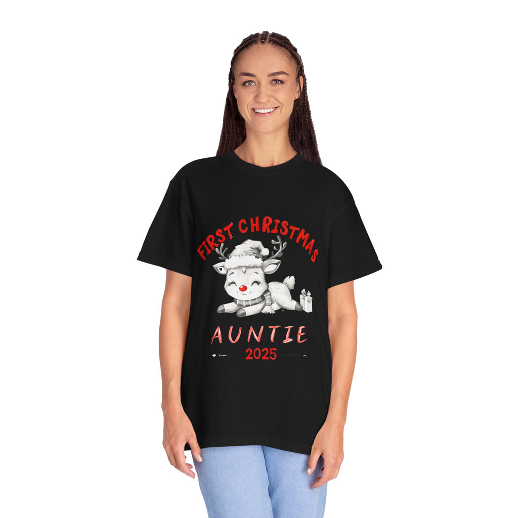 Black T-shirt worn by model, red “First Christmas Auntie 2025” reindeer graphic