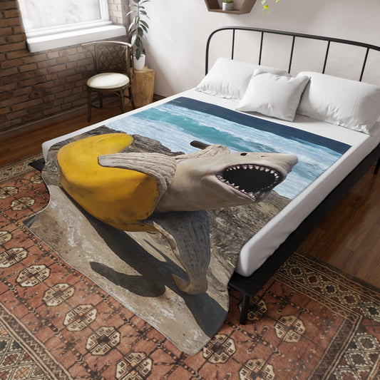 Funny Banana Shark Plush Fleece Blanket, Cozy Throw Blanket for Home, Quirky Gift for Beach Lovers, Summer Decor, Unique Shark Gift