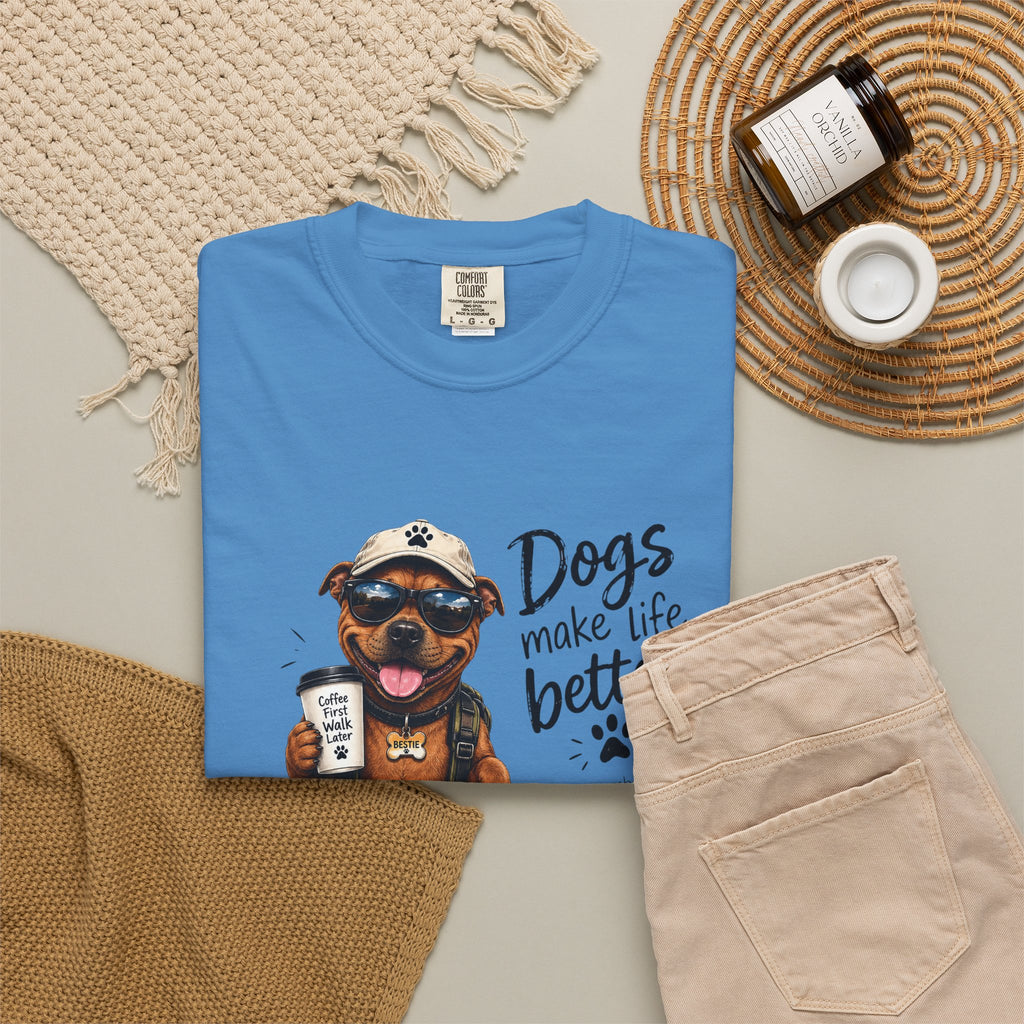 Dog Lovers Staffy T‑Shirt — "Dogs Make Life Better" Graphic Tee