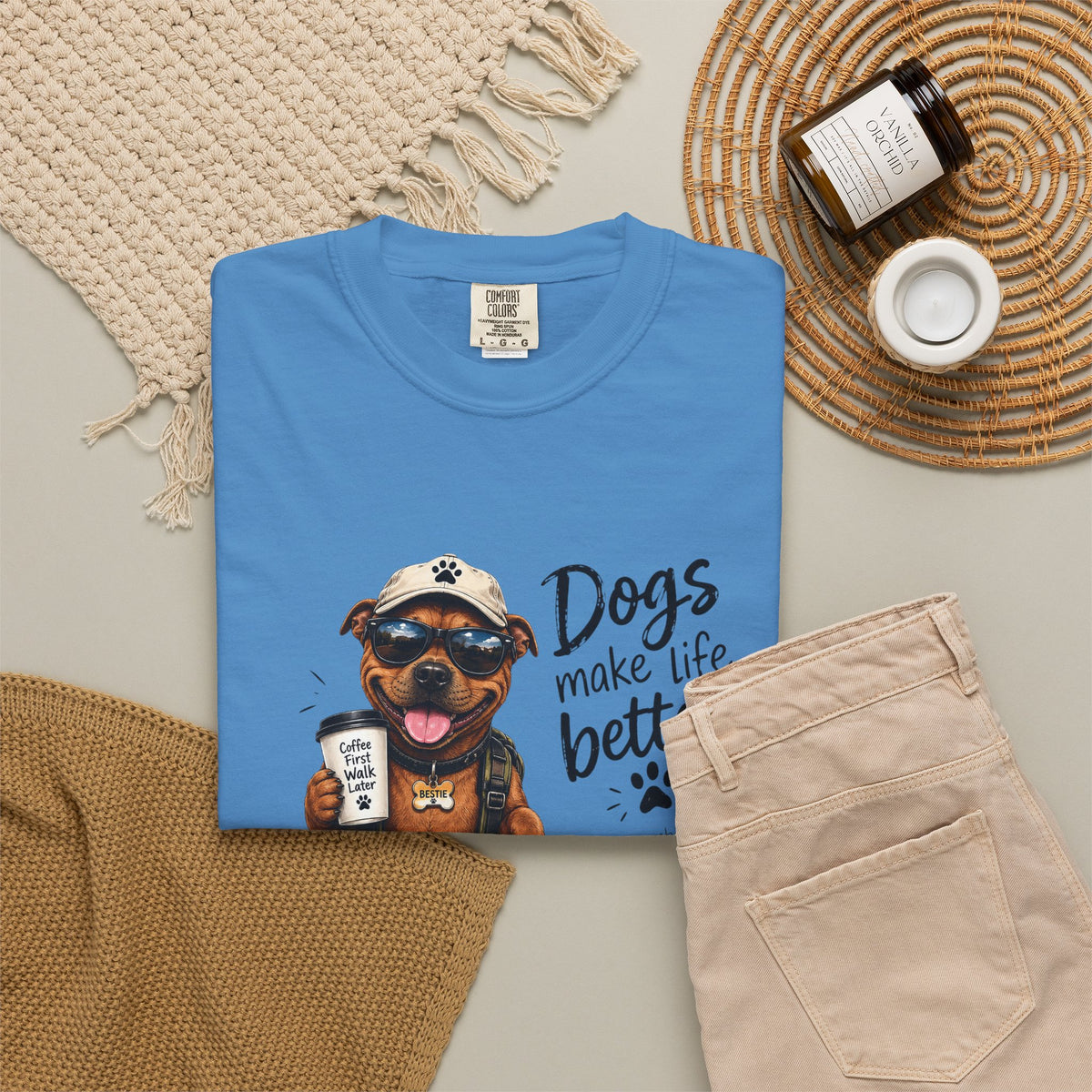 Dog Lovers Staffy T‑Shirt — "Dogs Make Life Better" Graphic Tee