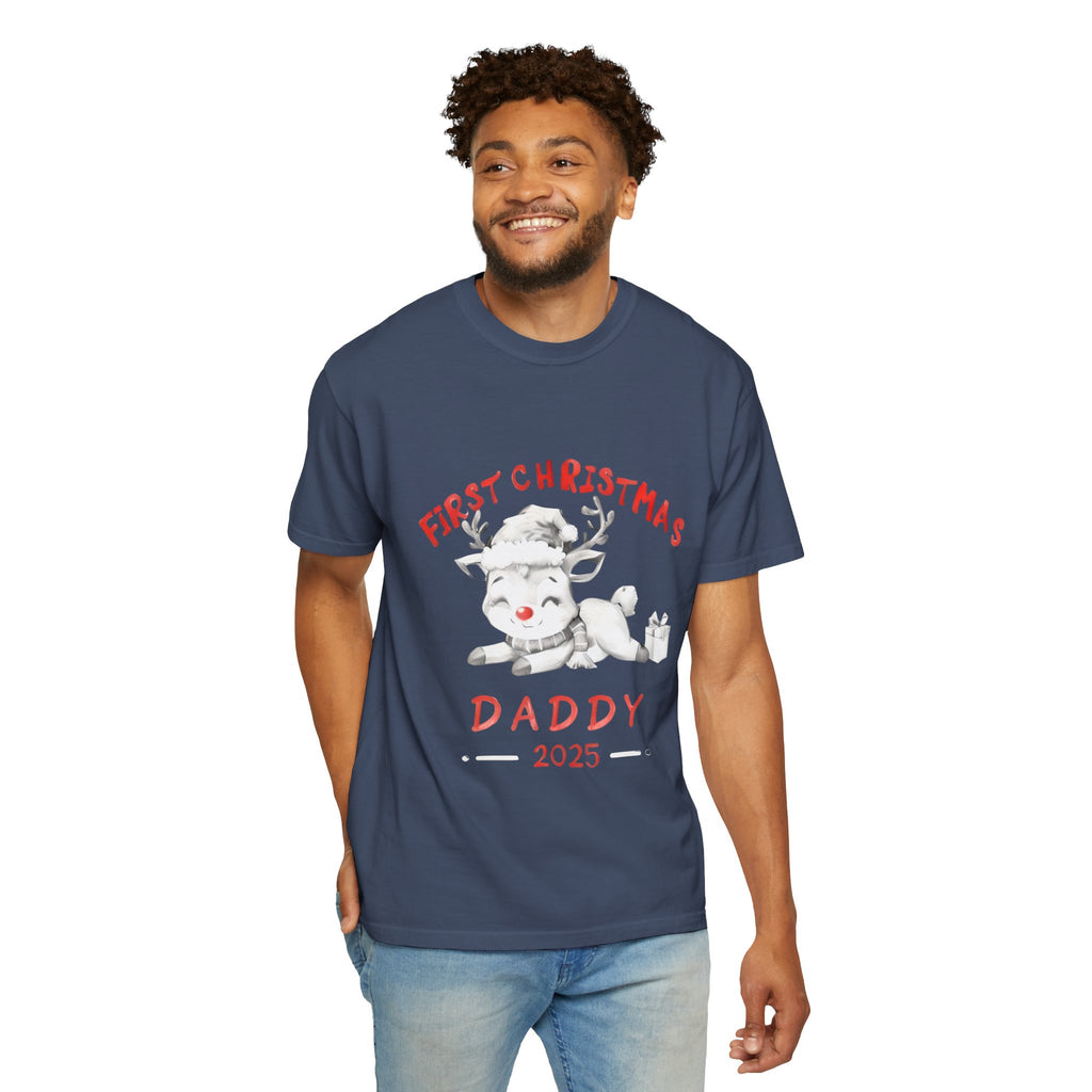 Midnight blue graphic T-shirt with reindeer-and-baby and 'DADDY 2025' text